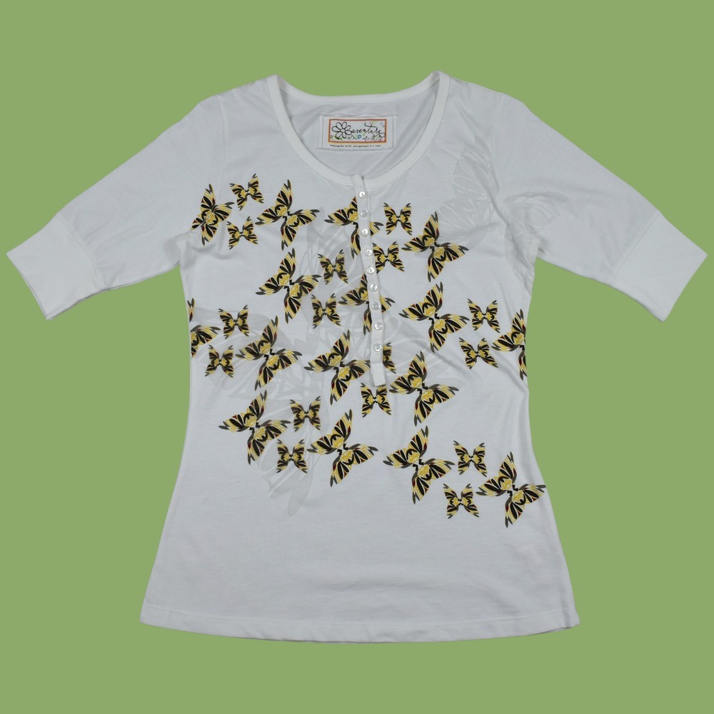 Y2K Butterfly Henley Top Small White Short Sleeve Shirt Fairycore Coquette VTG